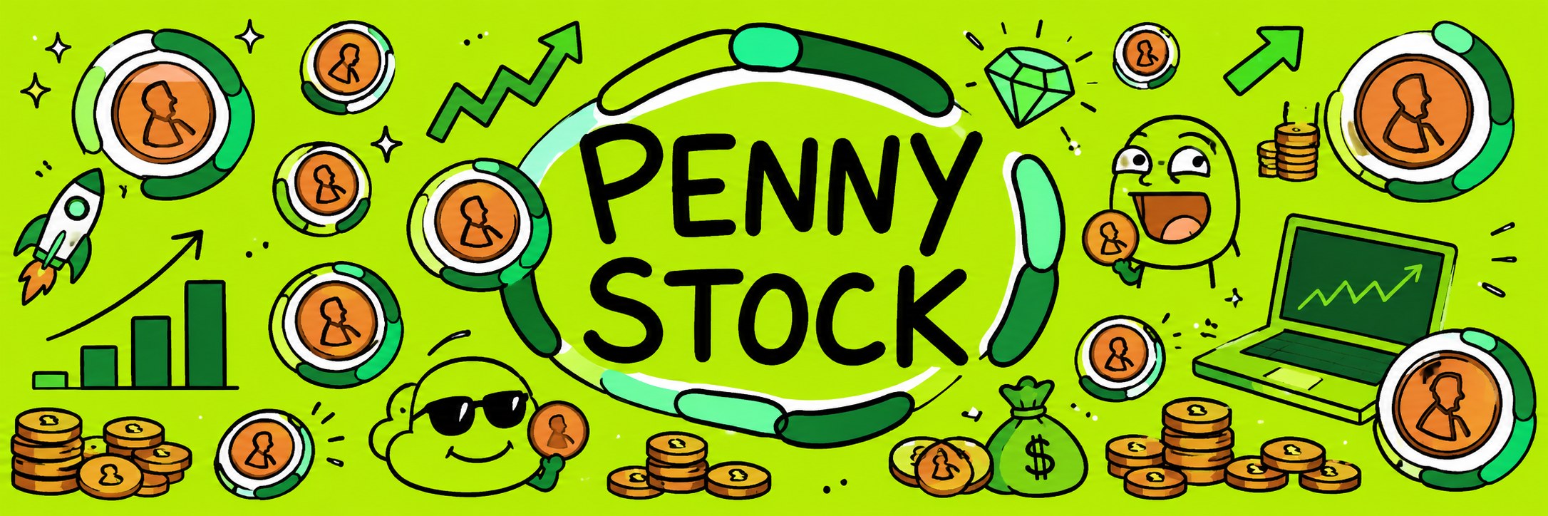 PennyStock — penny coins, a rocket, a chart going up.